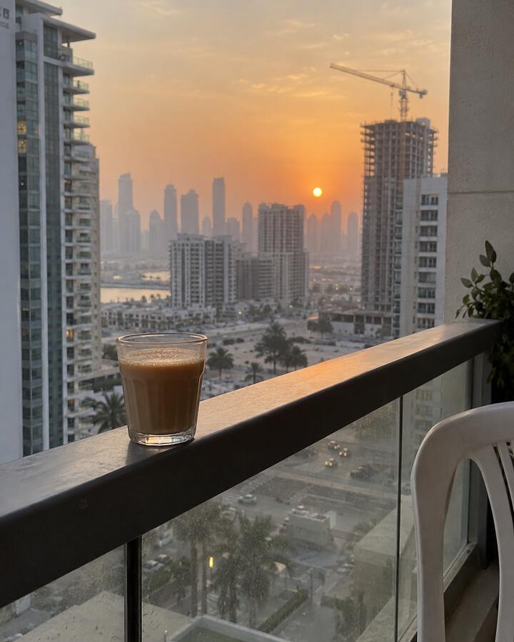 A glass of karak chai on a Dubai balcony at sunset